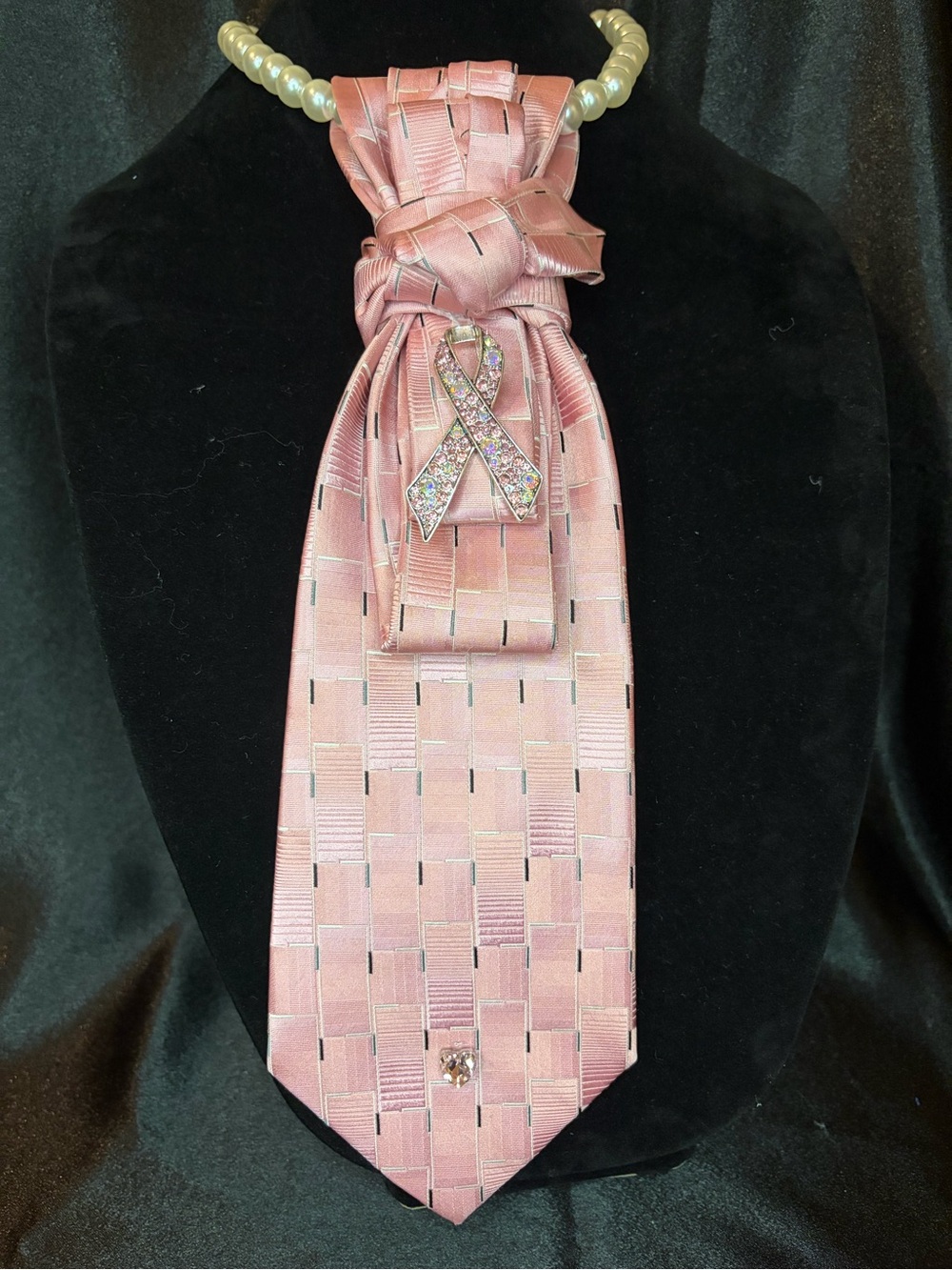 Elegant Pink Woven Tie Necklace with Ribbon Brooch